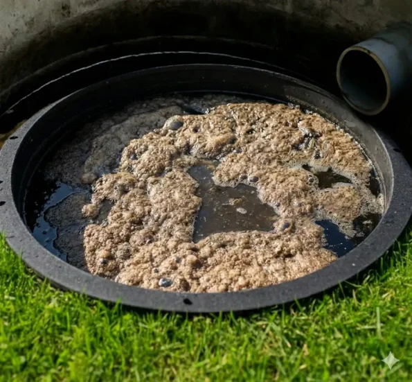 Okrągła, czarna pokrywa studzienki kanalizacyjnej osadzona w trawie, wypełniona gęstym, brązowym kożuchem i pęcherzami piany unoszącymi się na ciemnej wodzie. W tle widoczna betonowa konstrukcja i szara rura.