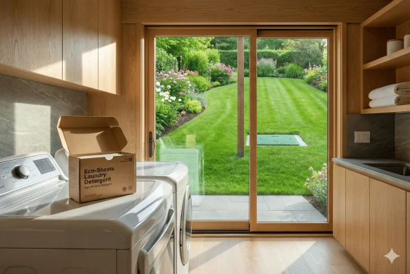 Opakowanie ekologicznych listków do prania na pralce w słonecznym pomieszczeniu z widokiem na ogród i pokrywę zbiornika przydomowej oczyszczalni ścieków.