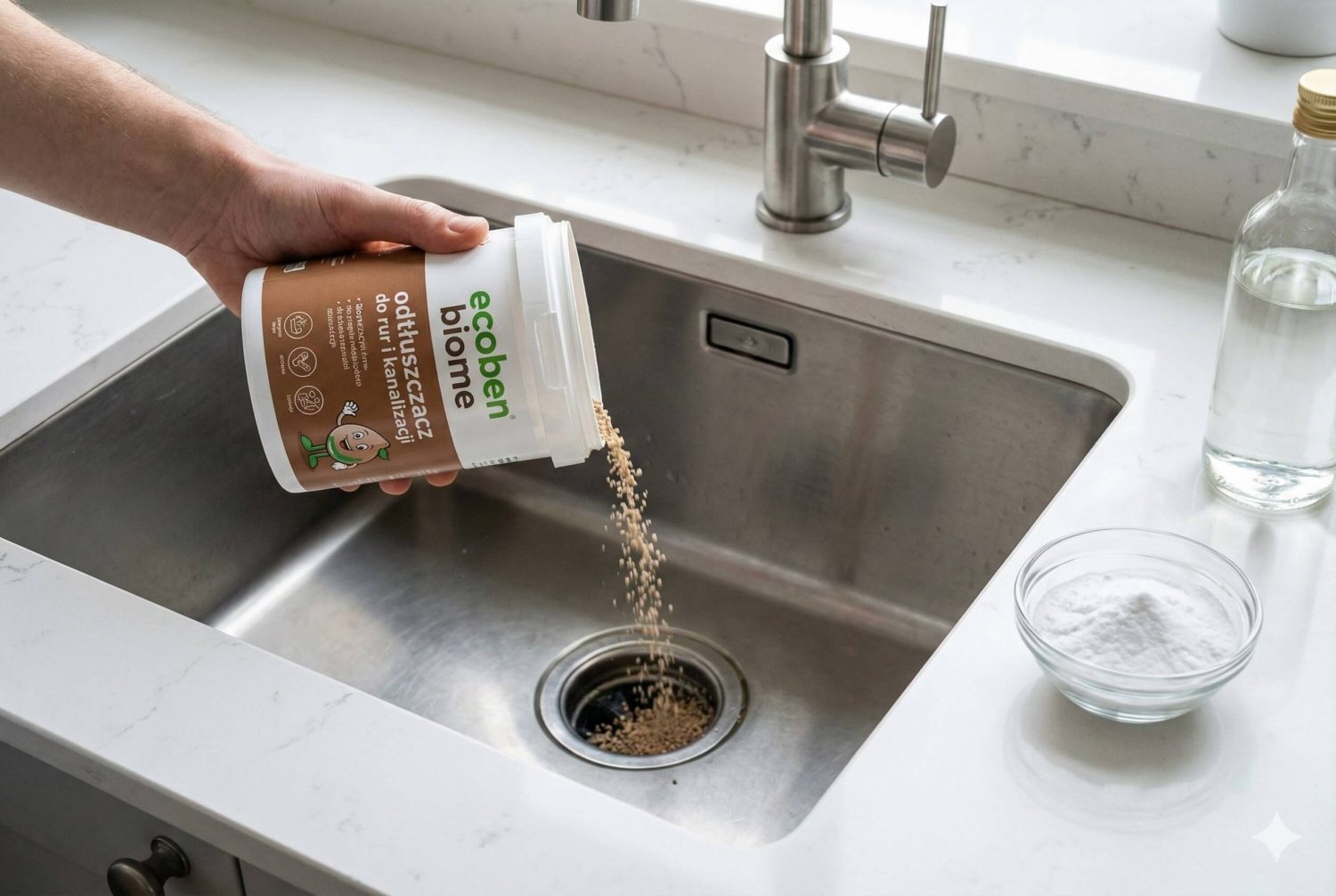 Mężczyzna wsypuje biopreparat Ecoben do zlewu, ponieważ chce się uporać z zatkanym zlewem i szuka sposobów jak go odetkać.