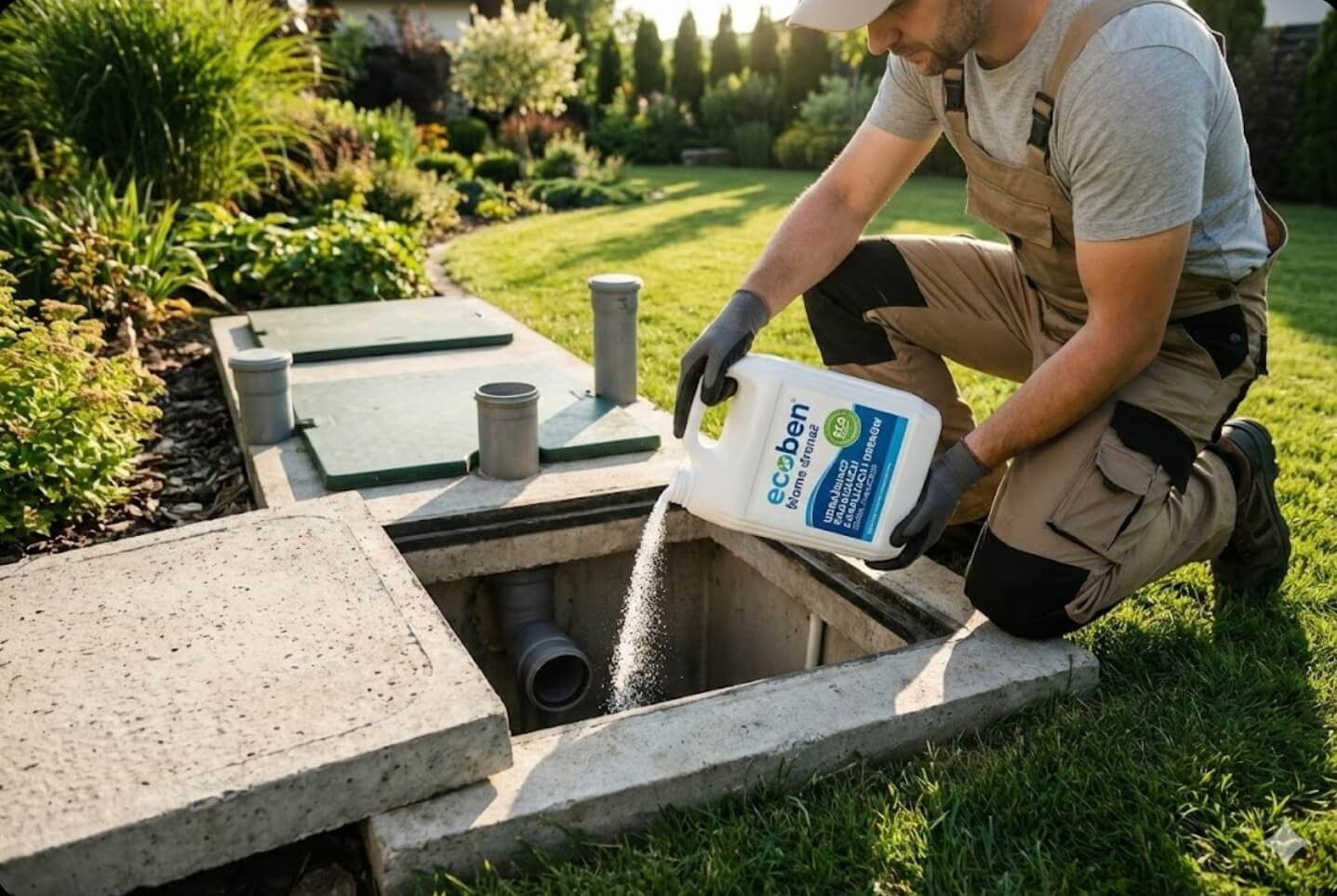 Mężczyzna wsypujący biopreparat ecoben biome drenaż do przydomowej oczyszczalni ścieków jako element profilaktyki pokazującej, jak udrożnić rury.