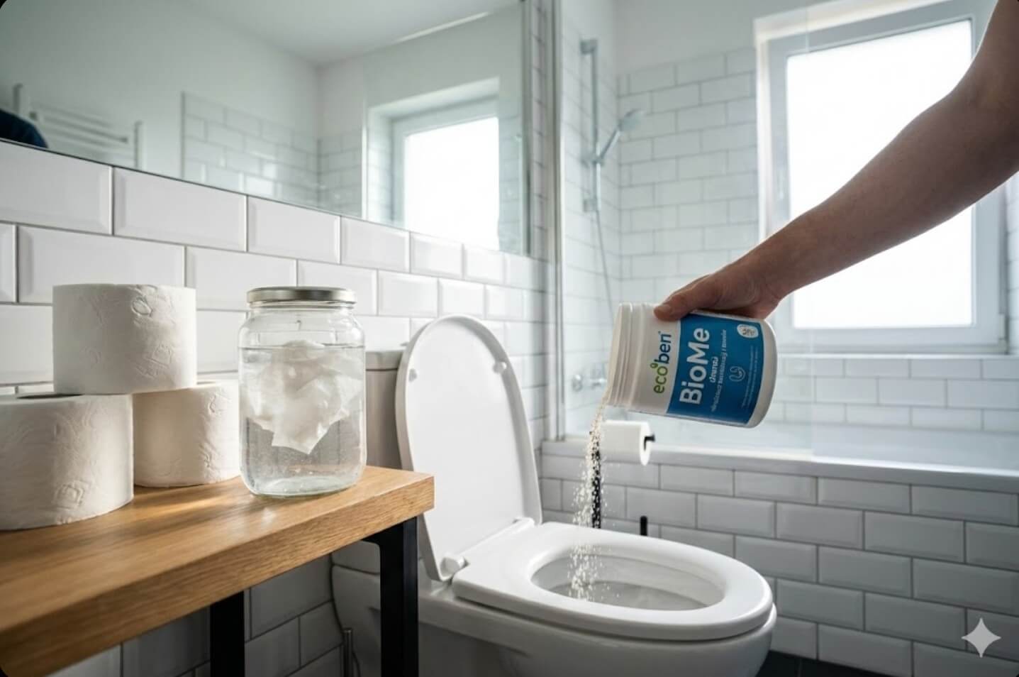 Osoba wlewa granulat Ecoben do toalety. Na półce obok widoczne rolki papieru toaletowego oraz słoik z testem rozpuszczalności papieru. Temat: Jaki papier toaletowy do oczyszczalni.
