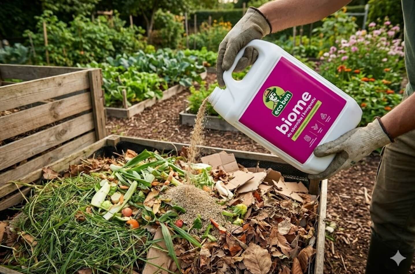 Ogrodnik aplikuje biopreparat Ecoben, dbając o prawidłowy rozkład materii kompostownika przydomowego.