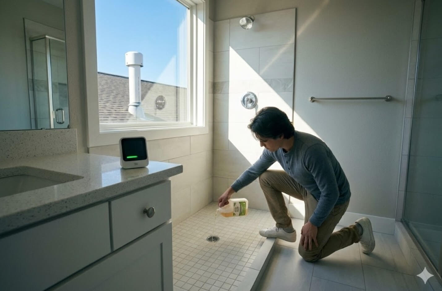 Właściciel domu wlewa preparat do odpływu w łazience, aby zlikwidować zapach szamba w domu.