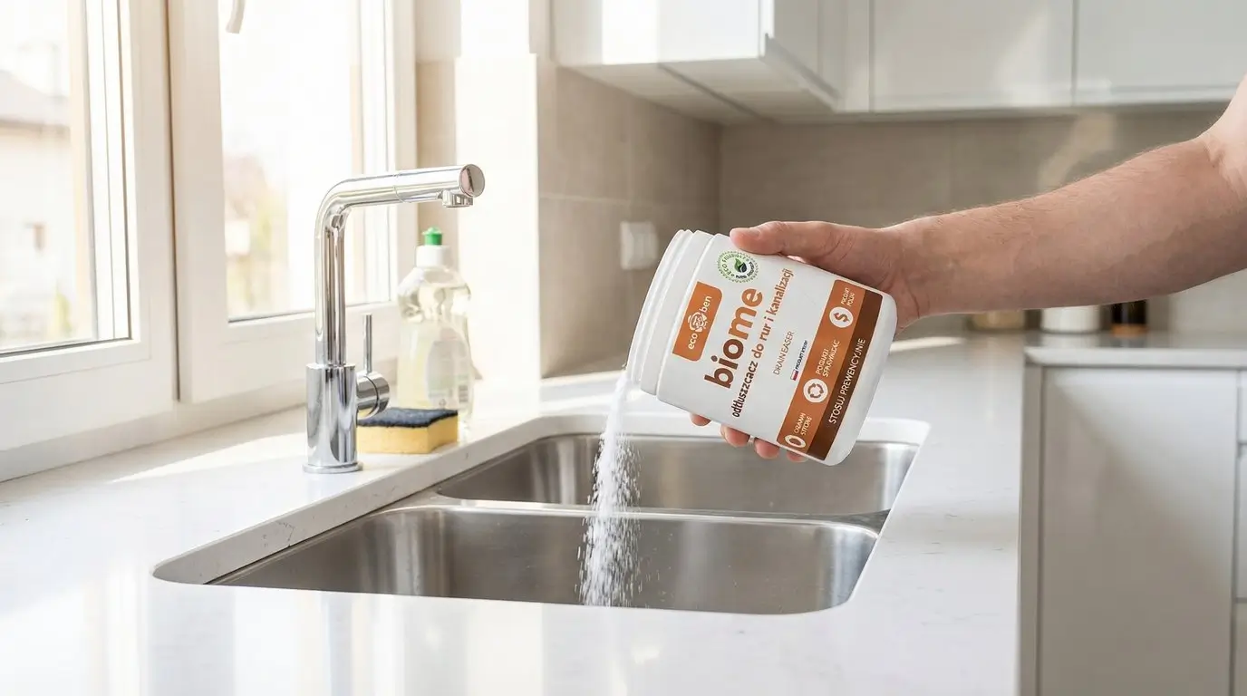 Mężczyzna wsypuje biopreparat EcoBen do zlewu, ponieważ chce się uporać z zatkanym zlewem i szuka sposobów jak go odetkać.