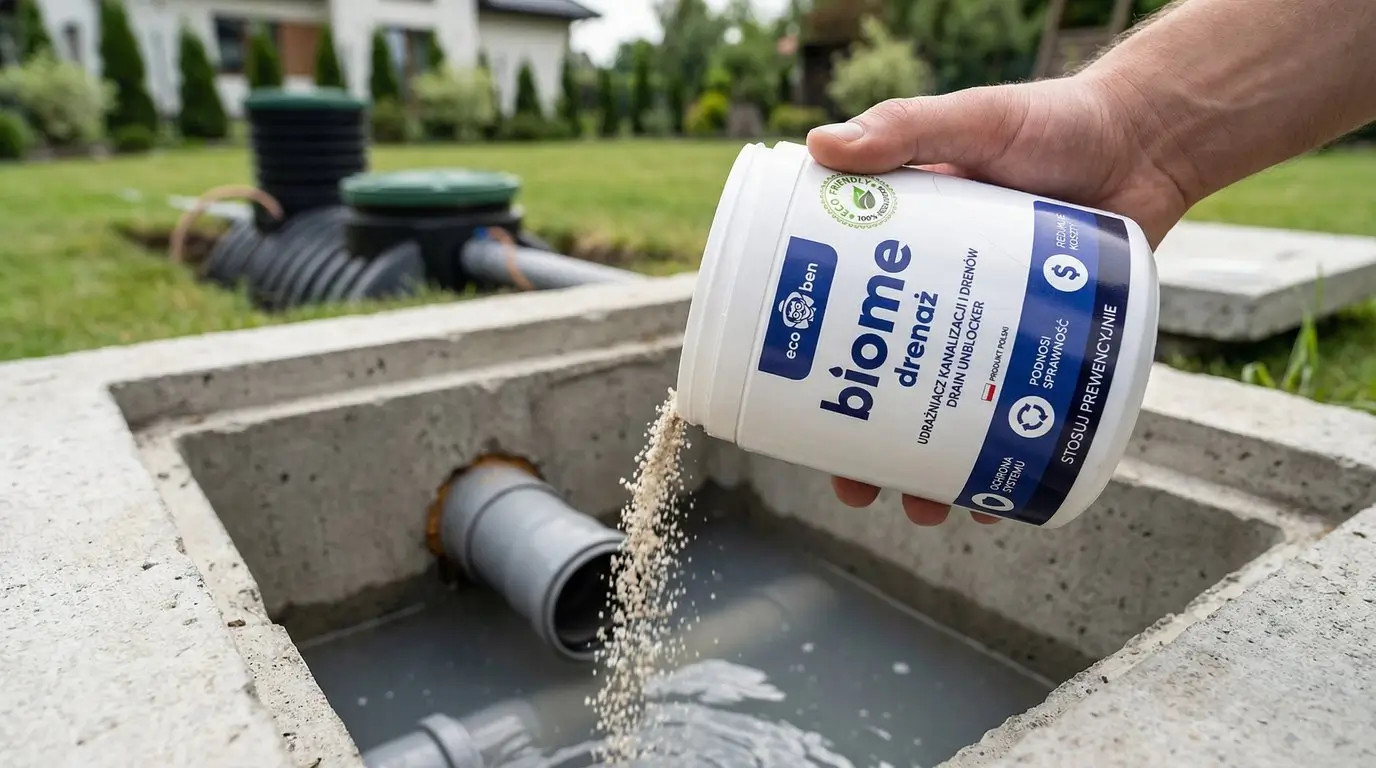 Mężczyzna wsypujący biopreparat firmy EcoBen Biome Drenaż do przydomowej oczyszczalni ścieków jako element profilaktyki pokazującej, jak udrożnić rury.