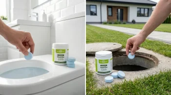 Właściciel domu wlewa preparat do odpływu w łazience oraz w przydomowej oczyszczalni ścieków, aby zlikwidować zapach szamba w domu.