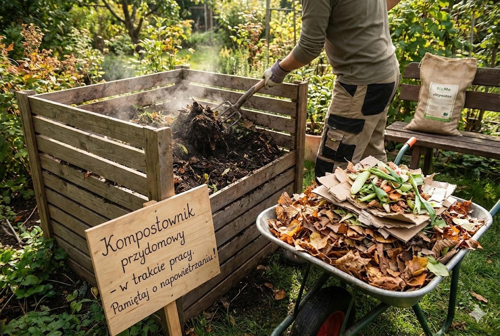 Ogrodnik przewraca parujący kompost w drewnianym kompostowniku przydomowym | Ecoben
