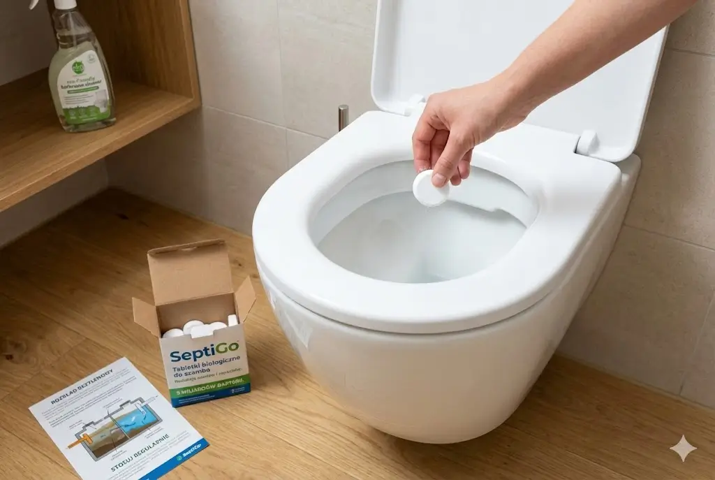 Wrzucanie tabletki biologicznej SeptiGo do toalety | Ecoben