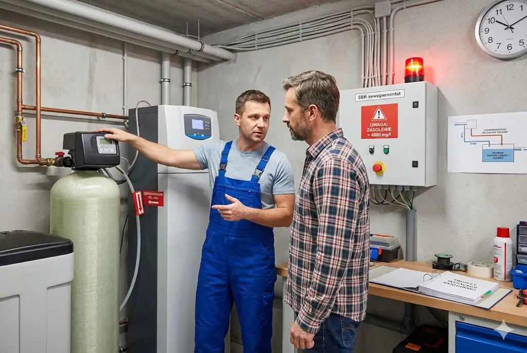 Instalator wyjaśnia właścicielowi domu wpływ zmiękczacza wody na biologiczną oczyszczalnię ścieków | Ecoben