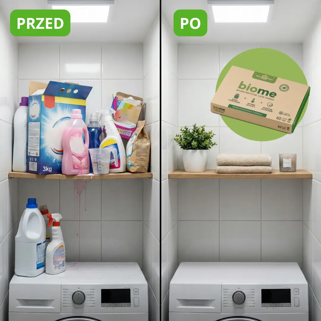 Półka nad pralką zastawiona butelkami i kartonami detergentów obok uporządkowanej półki z ręcznikami, w kole pudełko listków piorących BioMe w zapachu Kwiat Lnu