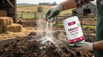 Rolnik w rękawicach ochronnych rozsypuje preparat EcoBen Biome do obornika na pryzmę kompostową. Zastosowanie biopreparatu do gnojowicy i obornika w gospodarstwie rolnym.