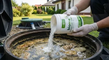 Osoba w białych rękawicach ochronnych wsypuje biopreparat EcoBen Biome do oczyszczalni ścieków do otwartego zbiornika w ogrodzie. Regularna aplikacja bakterii do przydomowej oczyszczalni.