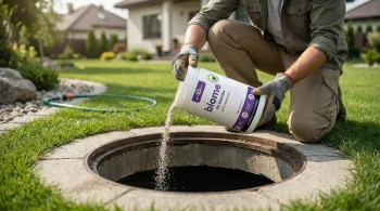 Mężczyzna w rękawicach roboczych wsypuje biopreparat EcoBen Biome do szamba do otwartego zbiornika w ogrodzie. Regularna aplikacja bakterii do szamba i przydomowych oczyszczalni ścieków.