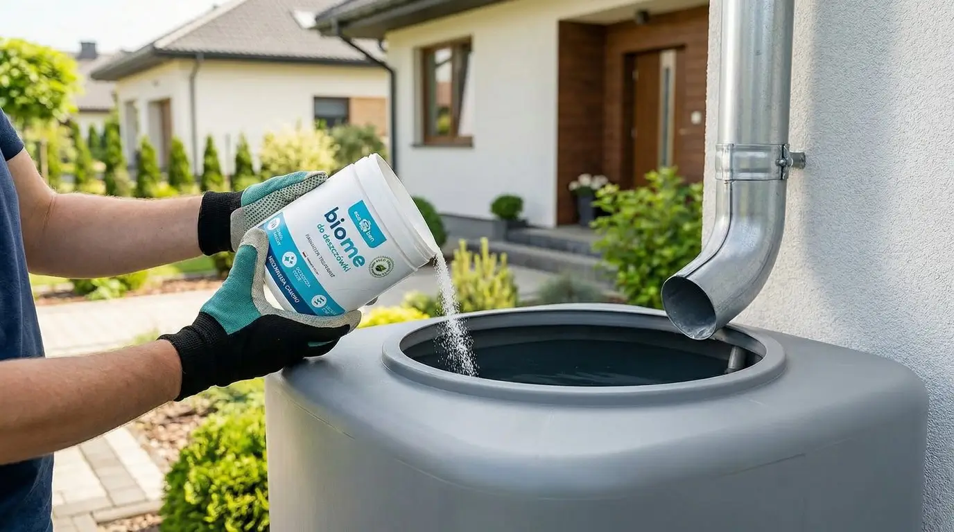 Mężczyzna w rękawicach ochronnych wsypuje biopreparat EcoBen Biome do deszczówki do przydomowego zbiornika na wodę deszczową przy rynnie.