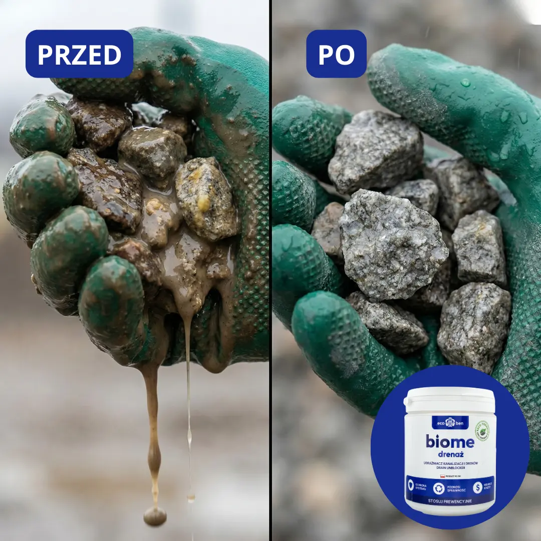 Drenaż oczyszczalni po zastosowaniu BioMe drenaż — rura udrożniona