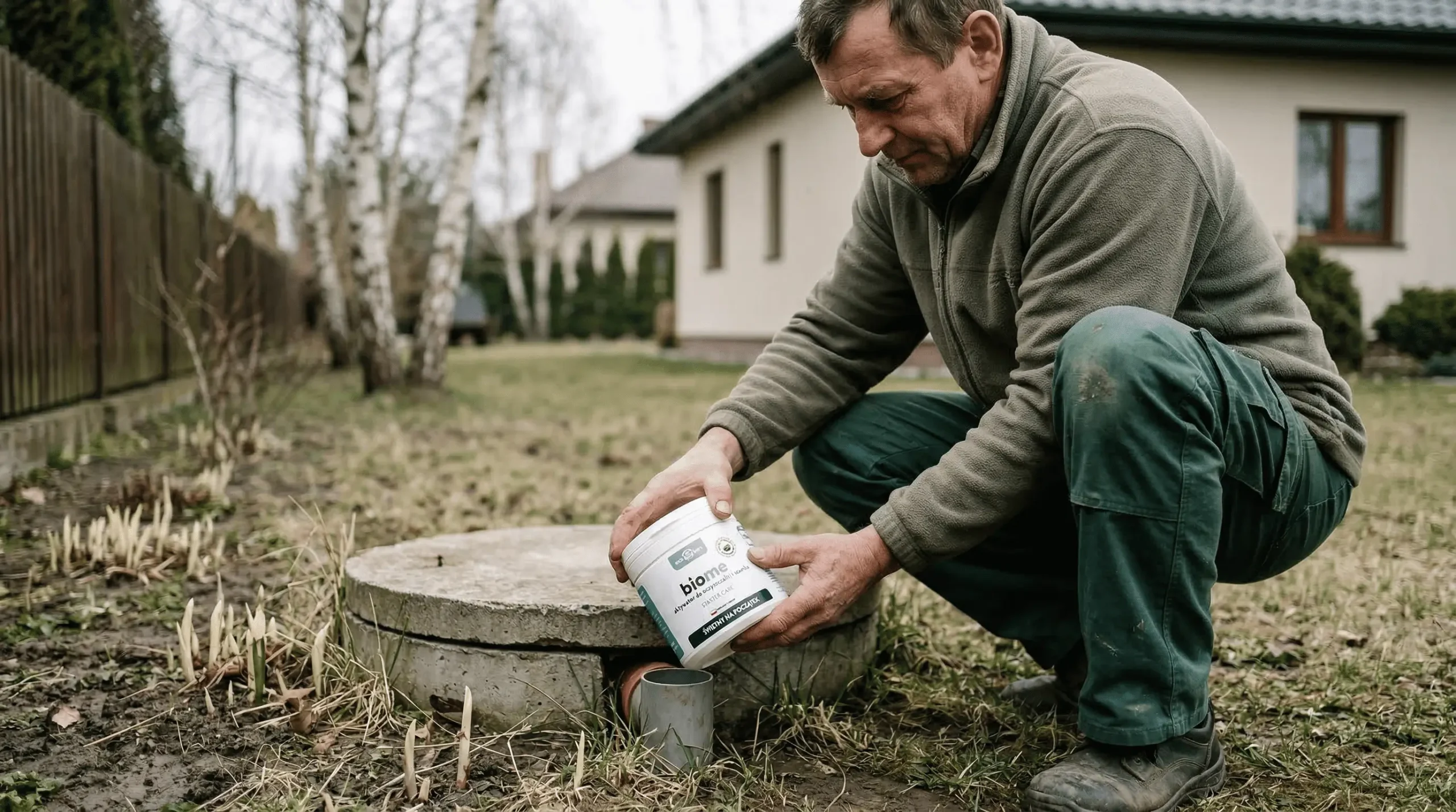 Mężczyzna w średnim wieku kucający przy betonowej pokrywie szamba w ogrodzie wczesną wiosną, trzymający pojemnik biopreparatu BioME Starter Care do rozruchu oczyszczalni po zimie