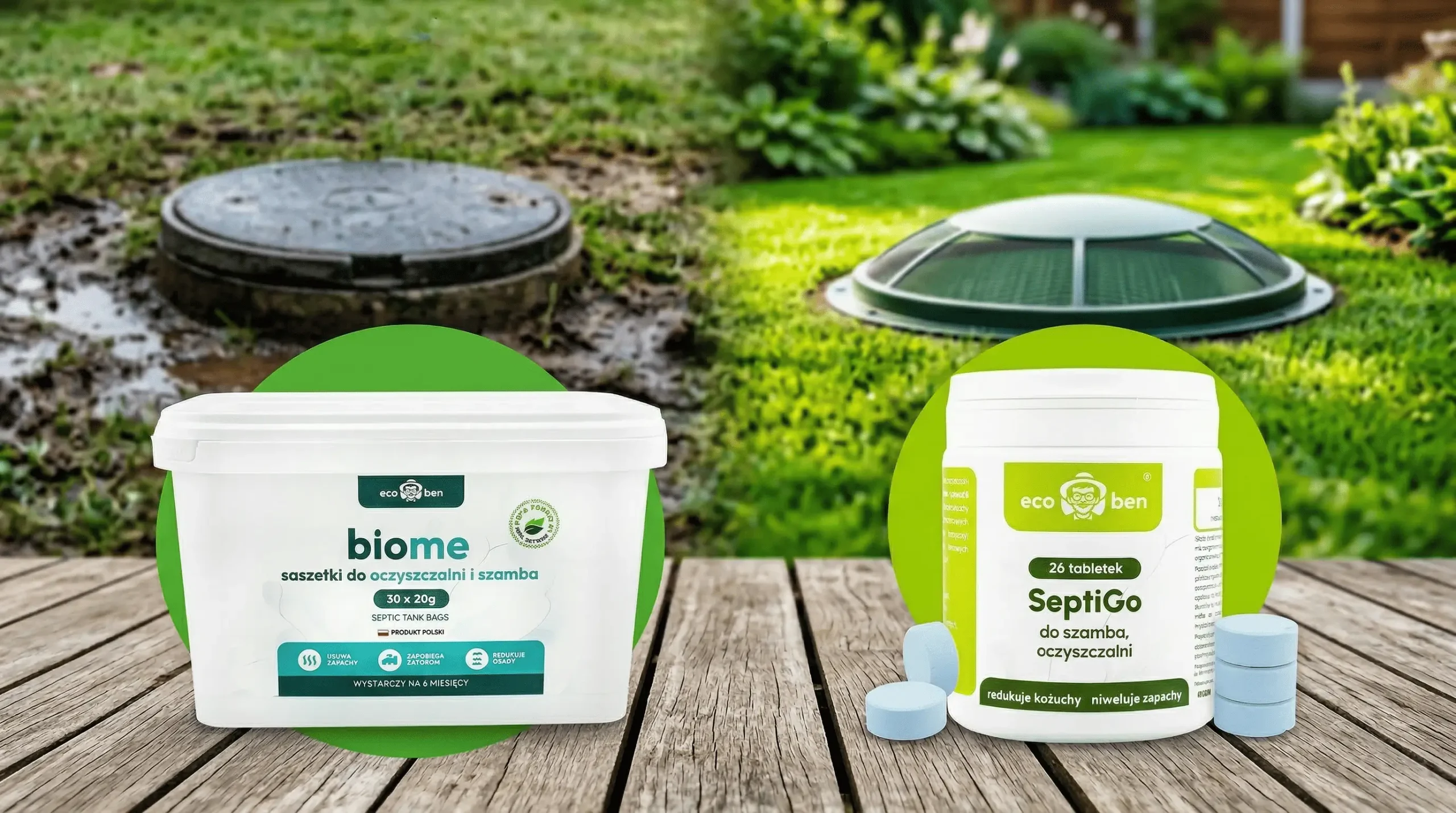 Biopreparaty EcoBen do szamba i oczyszczalni – saszetki BioMe i tabletki SeptiGo na tle szamba i przydomowej oczyszczalni ścieków