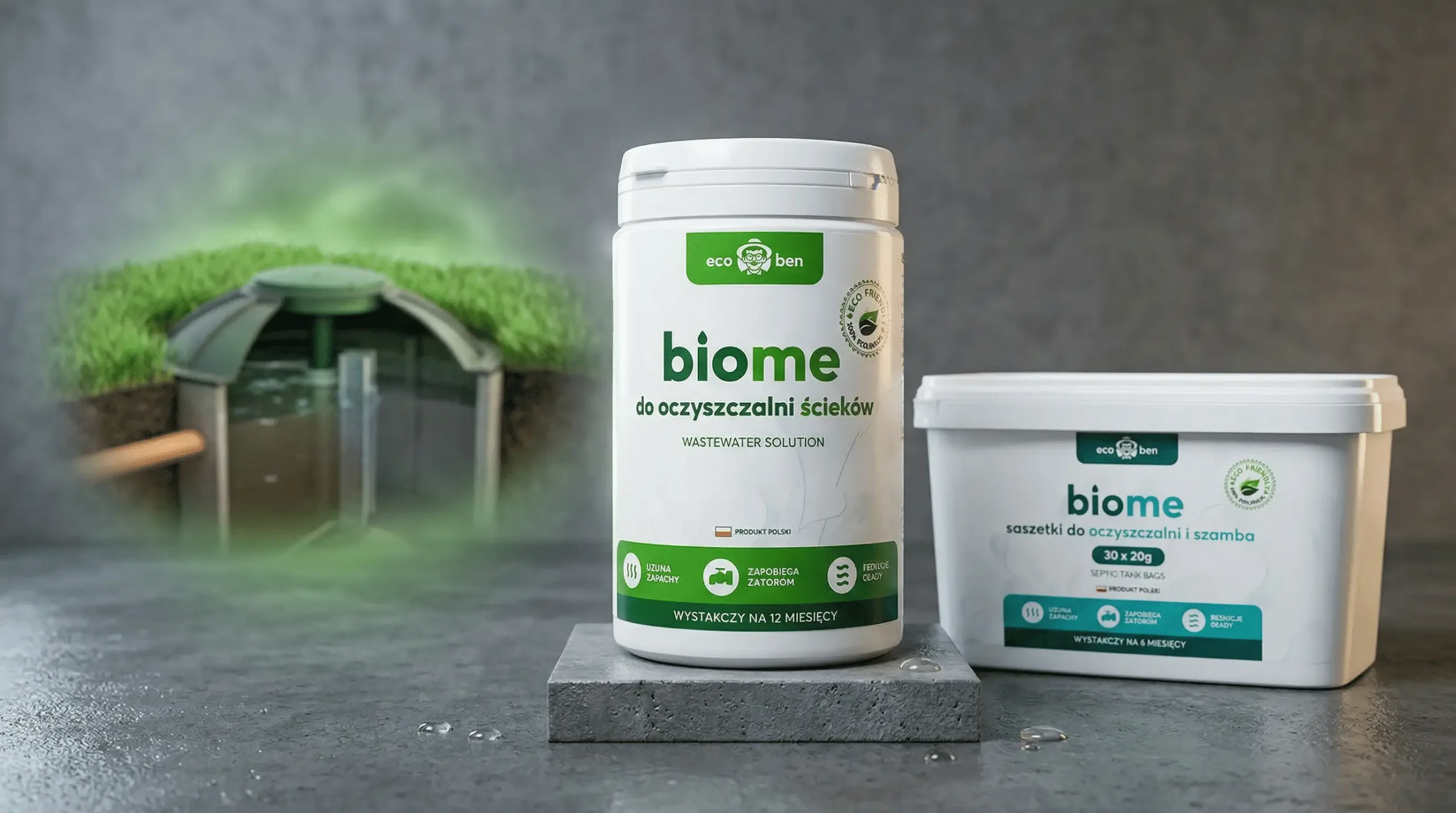 BioMe do oczyszczalni ścieków Wastewater Solution (proszek) i BioMe Saszetki do oczyszczalni i szamba – biopreparaty bakteryjne EcoBen na tle przydomowej oczyszczalni ścieków