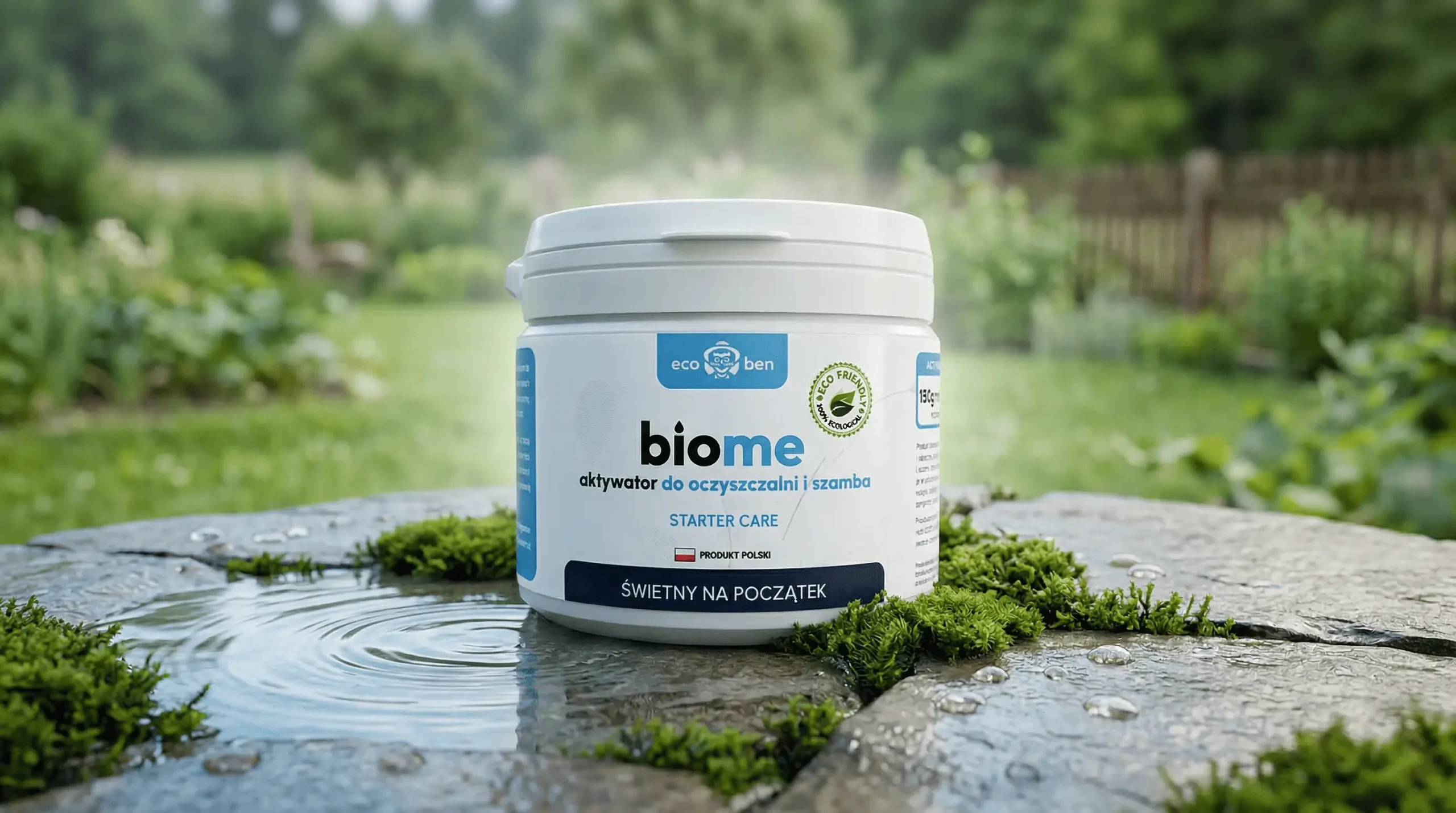 Przykład aktywatora bakteryjnego do szamba marki EcoBen. Na zdjęciu widać produkt BioMe Starter Care do rozruchu szamba.