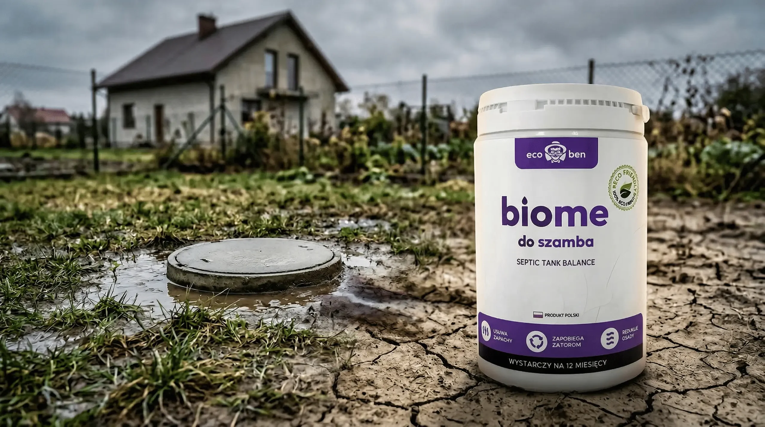 Preparat BioMe do szamba firmy EcoBen na tle włazu zbiornika bezodpływowego – biopreparat wspierający gospodarkę ściekową w przydomowym szambie