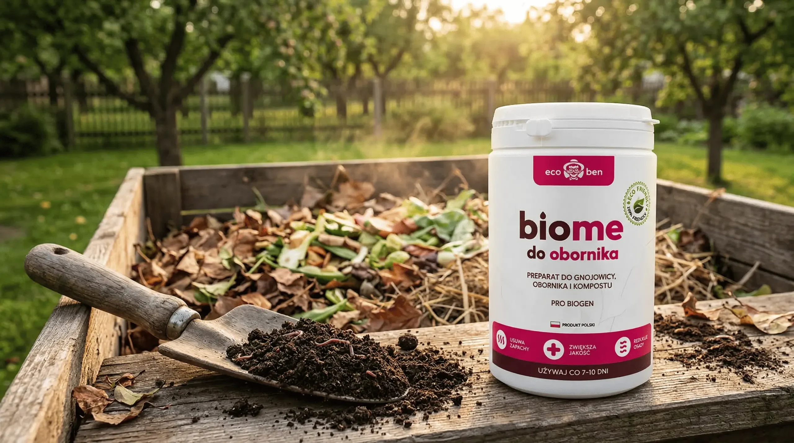 Pojemnik BioMe Pro Biogen firmy EcoBen obok drewnianego kompostownika wypełnionego odpadami organicznymi i żyzną ziemią - środek do kompostu