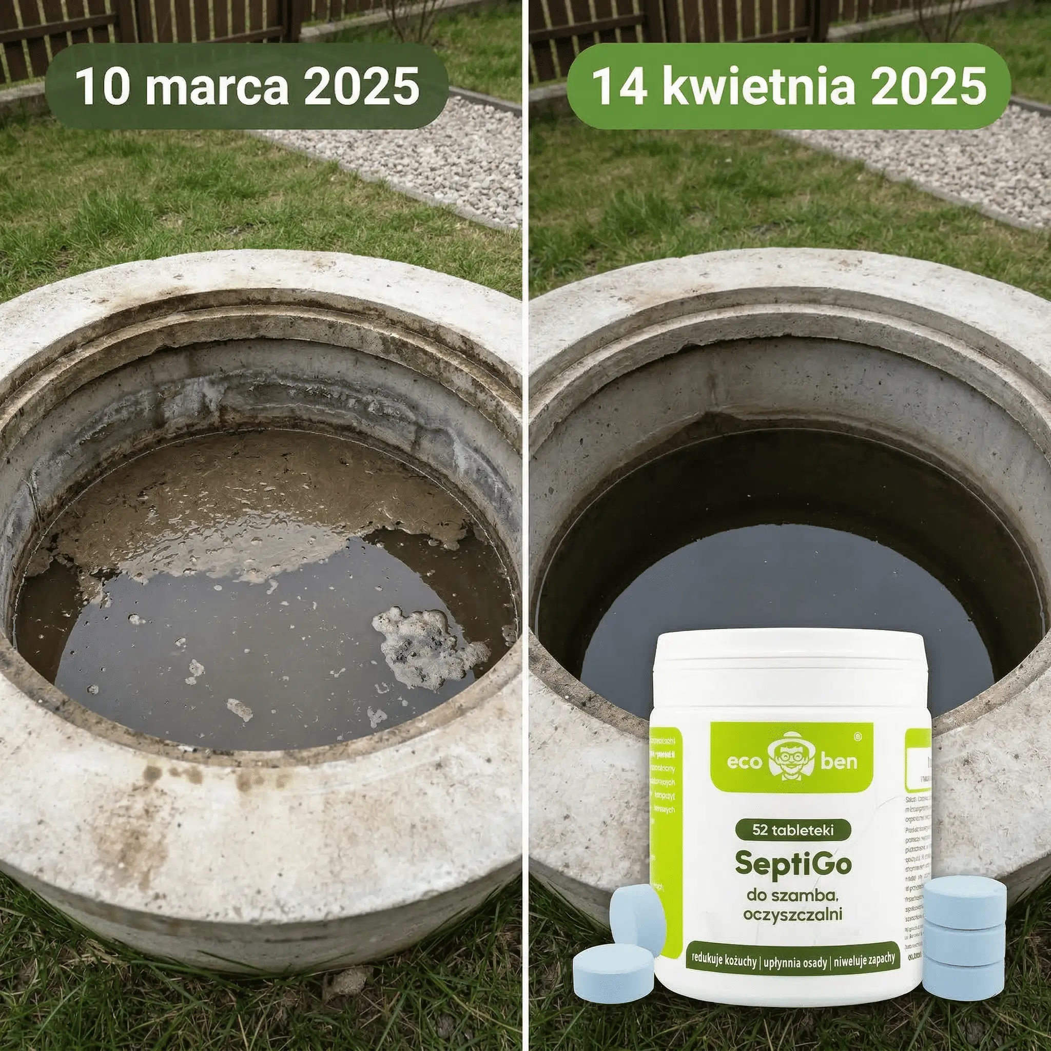 Tabletki SeptiGo efekt przed i po — redukcja kożucha w szambie