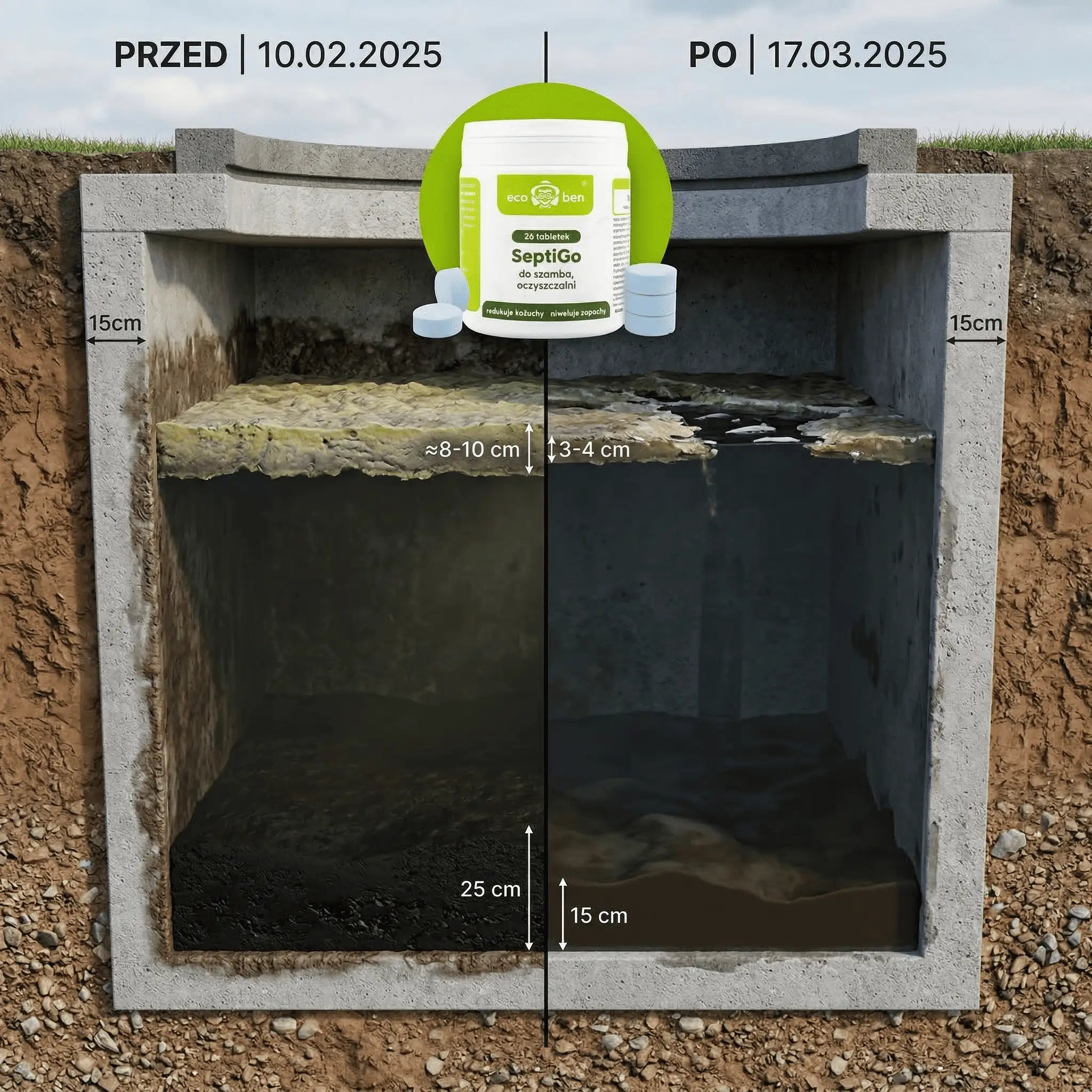 Tabletki SeptiGo — efekt przed i po zastosowaniu w szambie