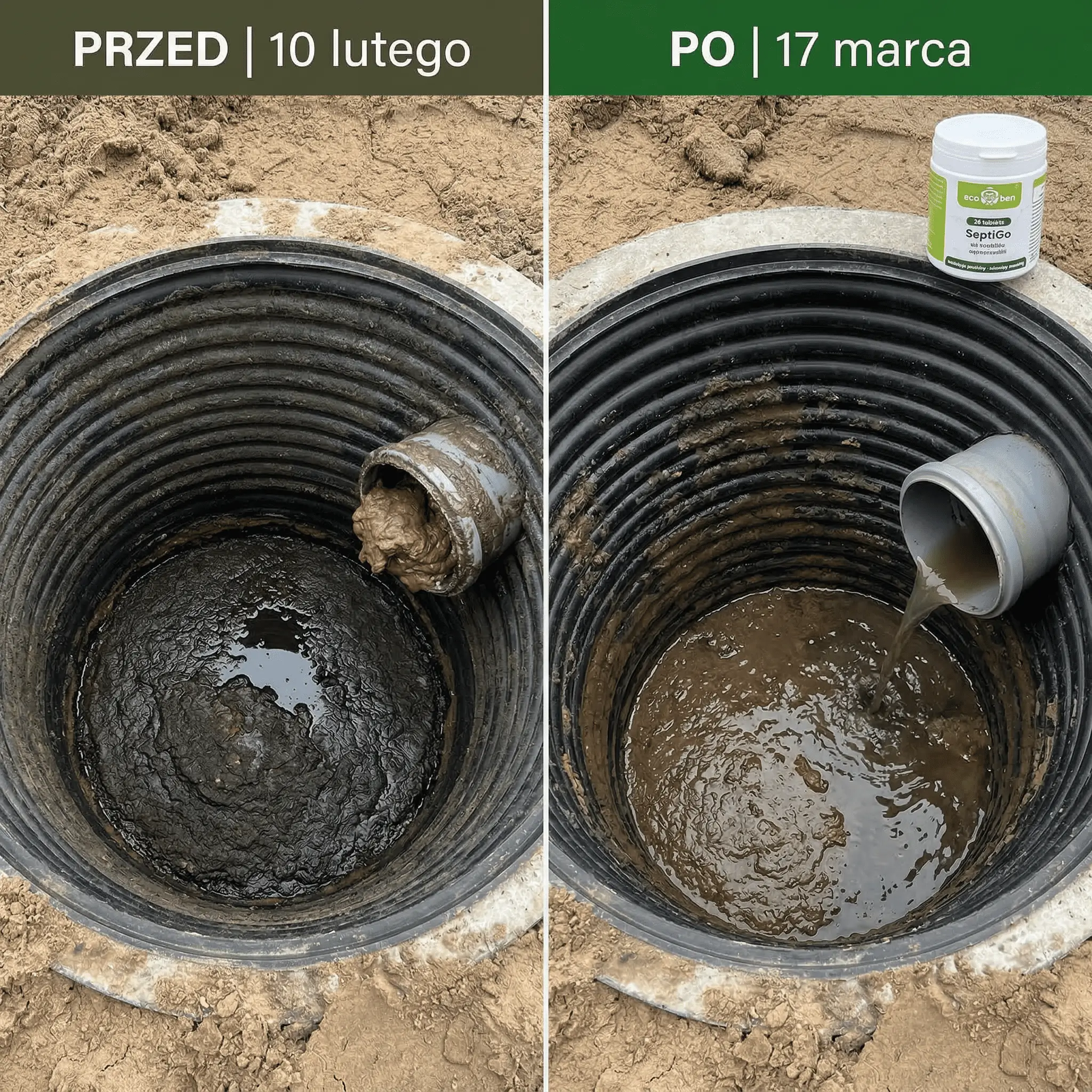 Tabletki SeptiGo — biologiczny rozkład nieczystości przed i po