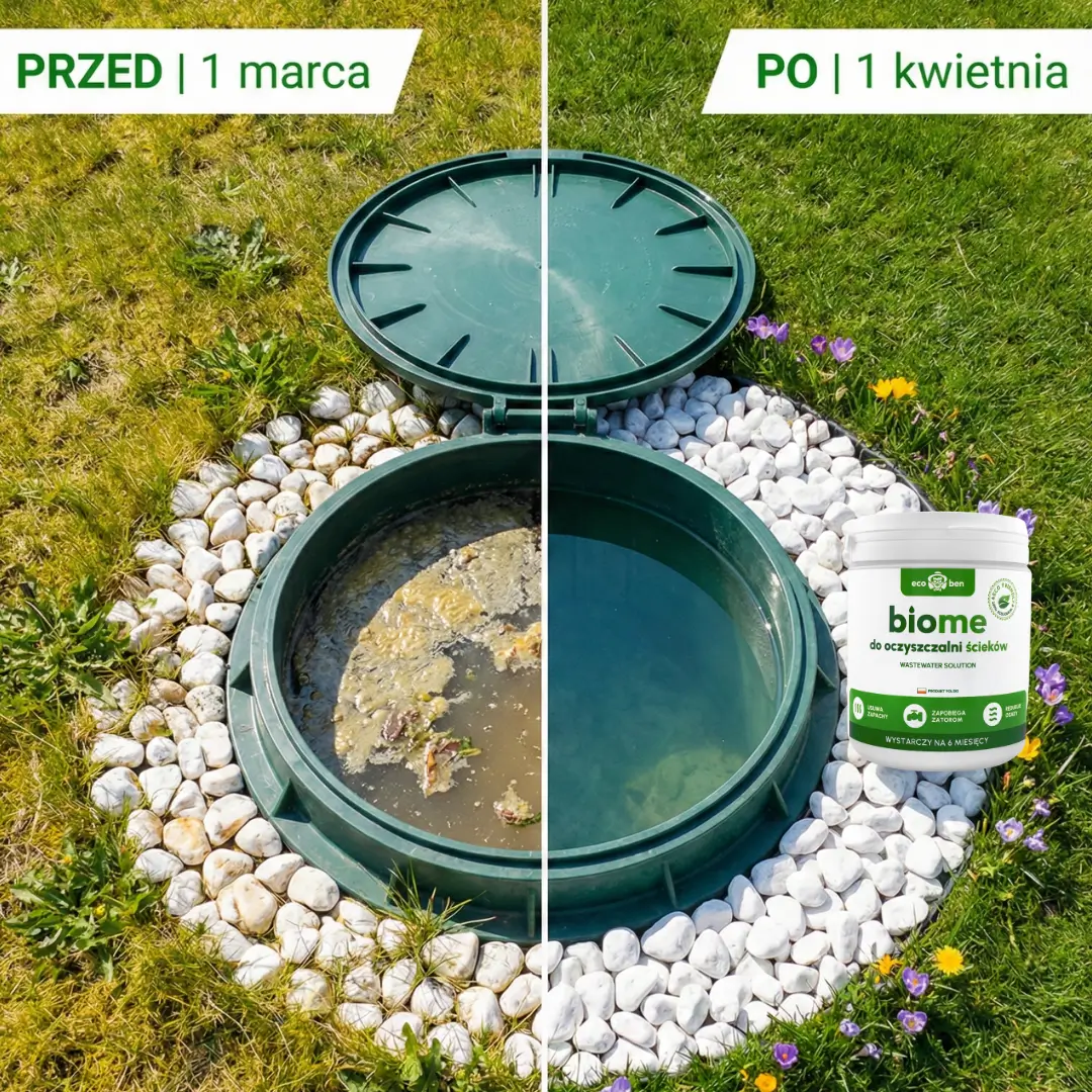 Otwarty osadnik oczyszczalni z kożuchem na powierzchni obok osadnika z czystszą wodą, z boku opakowanie BioMe do oczyszczalni ścieków