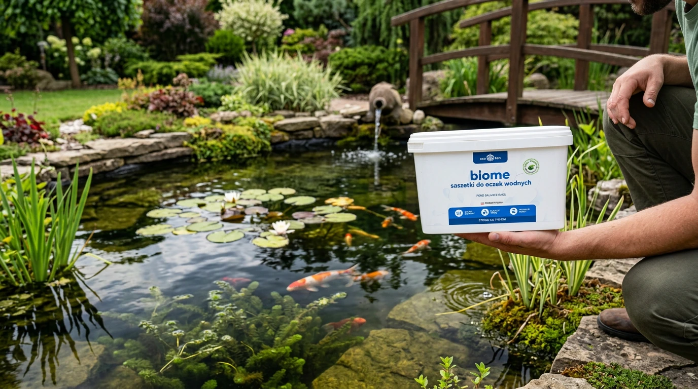 Mężczyzna kucający przy oczku wodnym trzyma opakowanie BioMe saszetki do oczek wodnych Pond Balance Bags EcoBen – w stawie pływają ryby koi i lilie wodne, w tle drewniany mostek i fontanna
