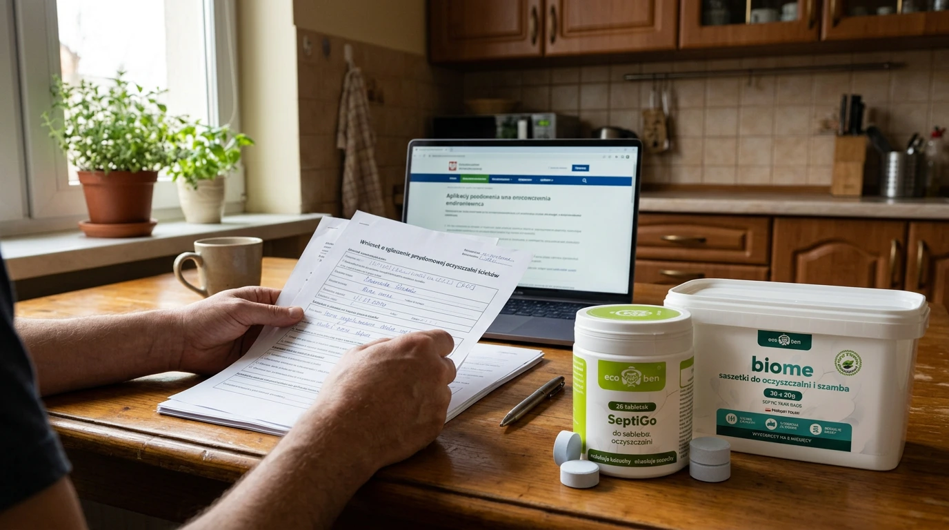 Ręce właściciela domu przeglądającego wniosek o zgłoszenie przydomowej oczyszczalni ścieków przy kuchennym stole – obok laptop z witryną urzędową, długopis, produkty EcoBen SeptiGo i BioMe saszetki