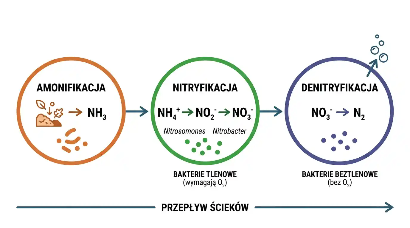 Diagram cyklu azotu w oczyszczalni ścieków: amonifikacja przekształca materię organiczną w amoniak NH3, bakterie tlenowe Nitrosomonas i Nitrobacter prowadzą nitryfikację do azotanów, a bakterie beztlenowe denitryfikację do azotu N2.