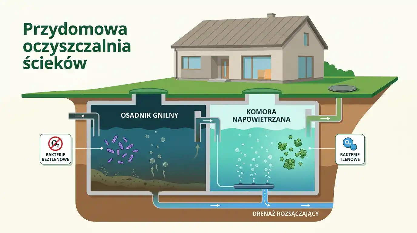 Schemat przydomowej oczyszczalni ścieków pokazujący różnice między bakteriami tlenowymi i beztlenowymi: po lewej osadnik gnilny z bakteriami beztlenowymi, po prawej komora napowietrzana z bakteriami tlenowymi.