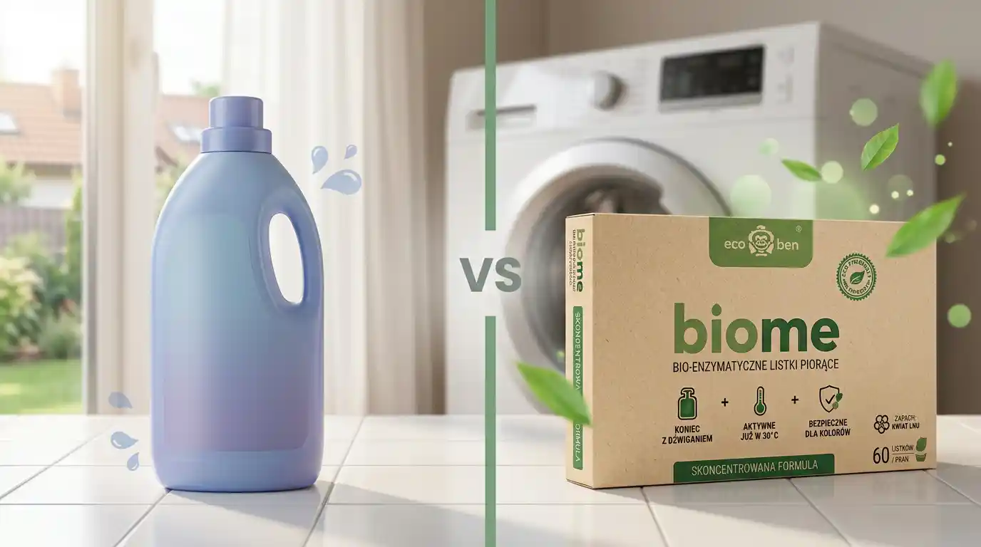 Ekologiczny płyn do płukania tkanin a bio-enzymatyczne listki piorące BioMe od EcoBen - porównanie tradycyjnego zmiękczacza w plastikowej butelce z ekologiczną alternatywą w papierowym opakowaniu, na tle pralki w polskim domu