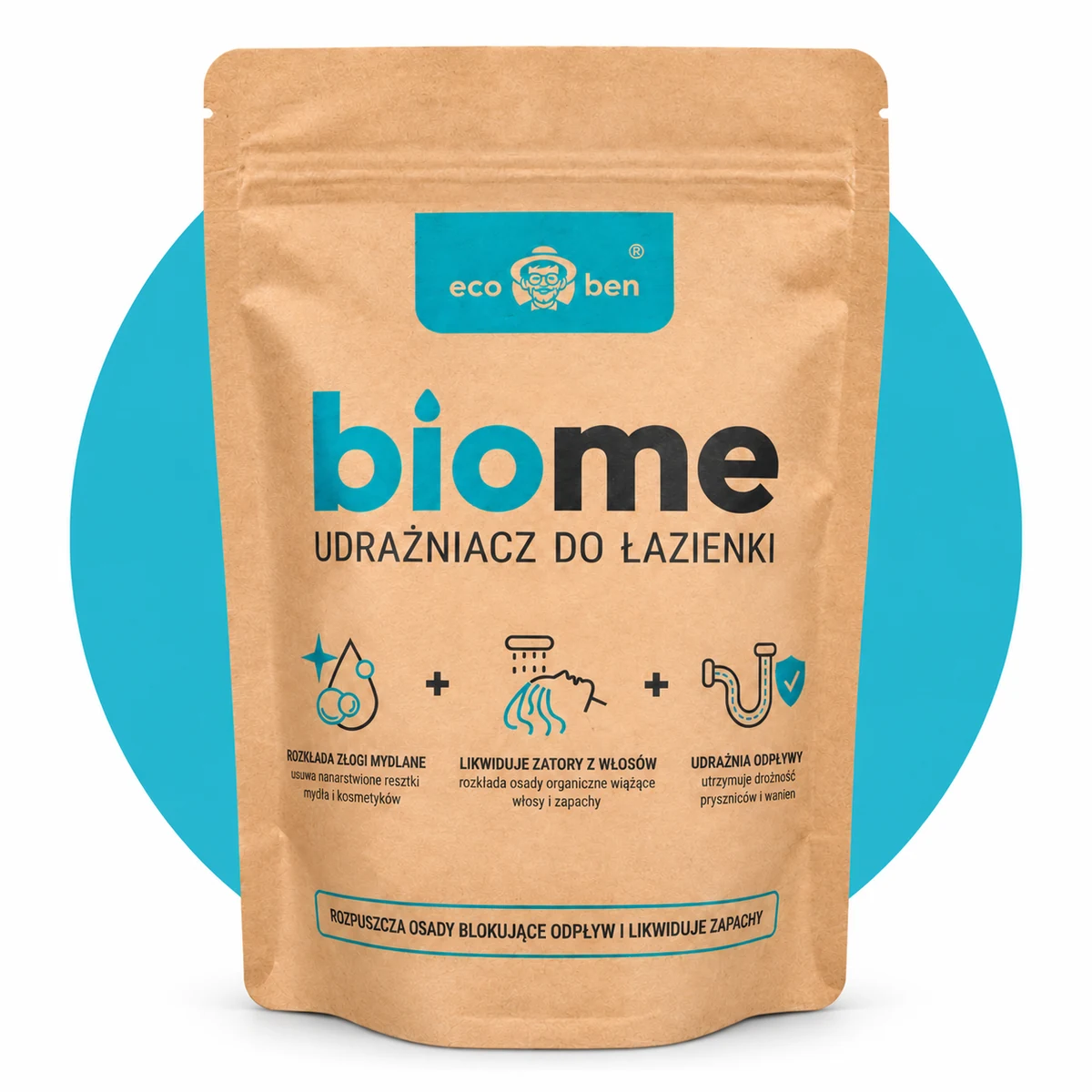 BioMe Udrażniacz do Łazienki 250 g BioMe Udrażniacz do Łazienki 250 g – brązowy doypack kraft z turkusowym nadrukiem
